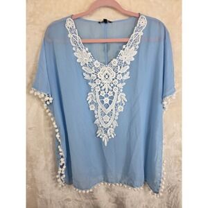 CPOKRTWSO Blue Chiffon Swim Cover Up Lace V-Neck Pom Pom Trim Kaftan S/M NEW